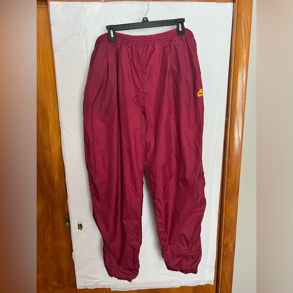 Vintage Nike Men’s XL Maroon Windbreaker Track Pants With Zipper On Leg